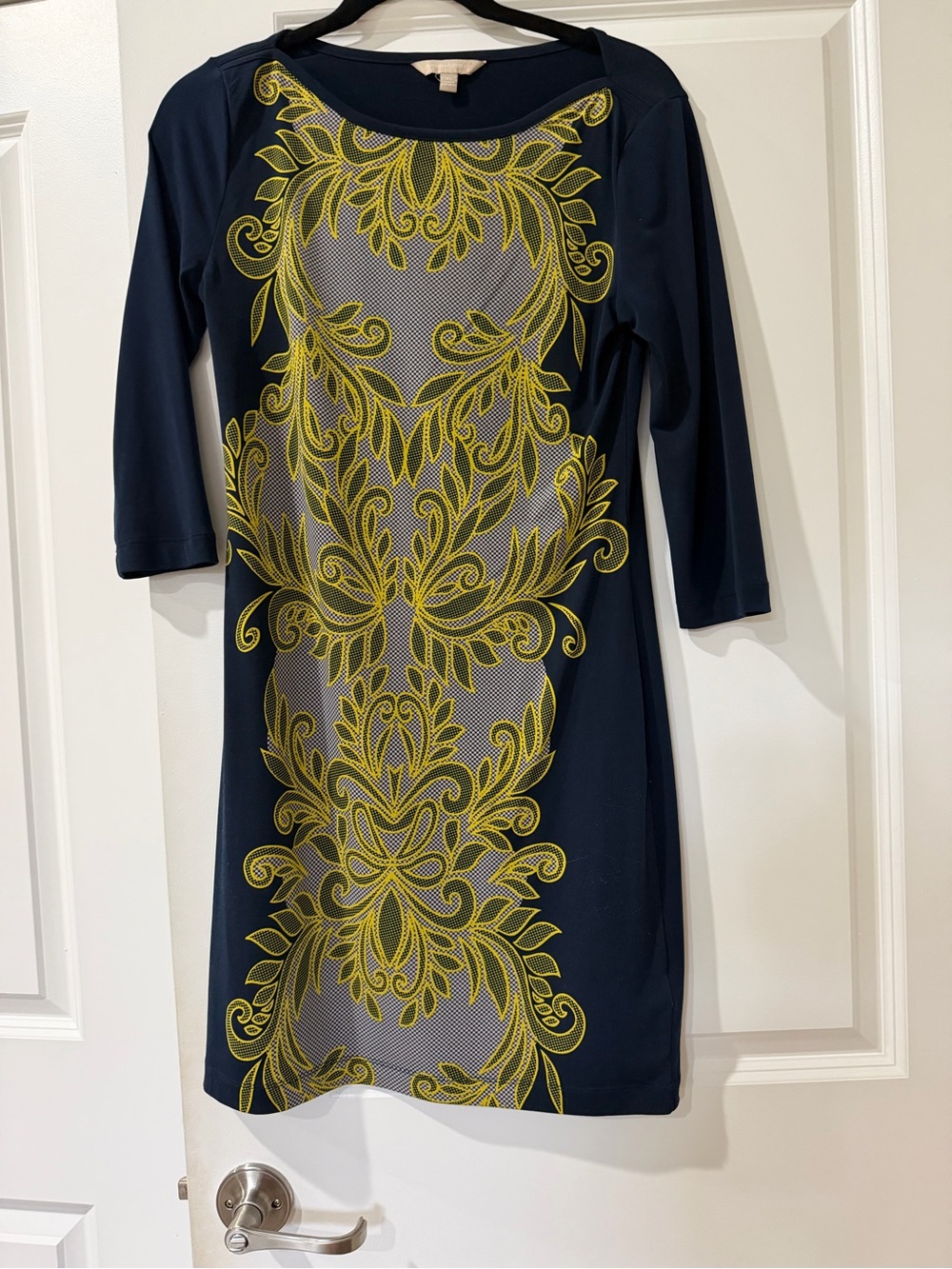 Banana Republic XS Navy Yellow Ornate Print 3/4 Sleeve Shift Dress